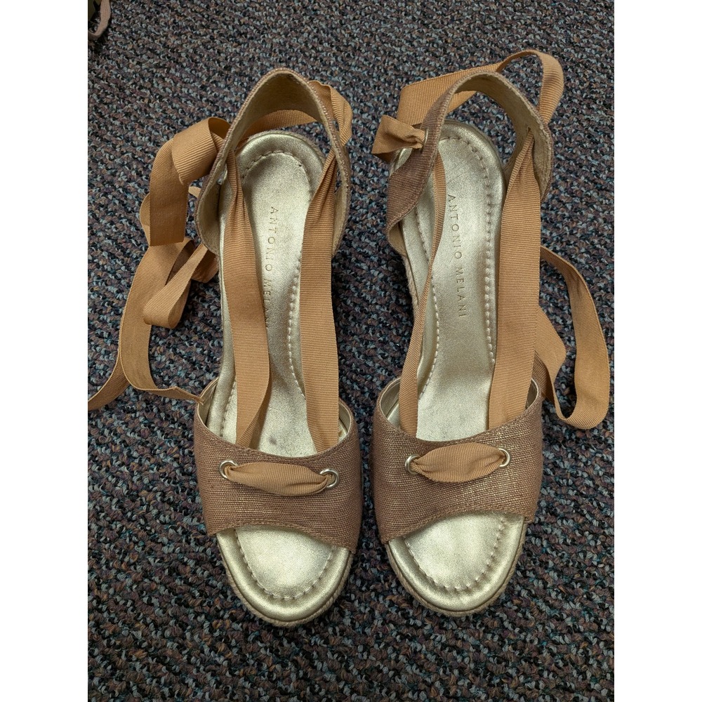 Antonio Melani Gold Metallic Espadrille Wedge Sandals Ribbon‎ Lace Up Womens 7M